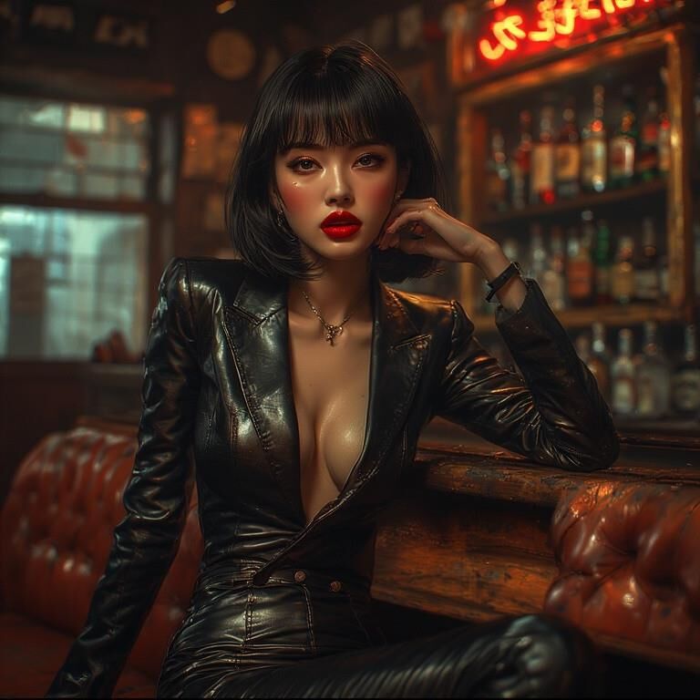 AI gerou damas asiáticas usando couro no bar