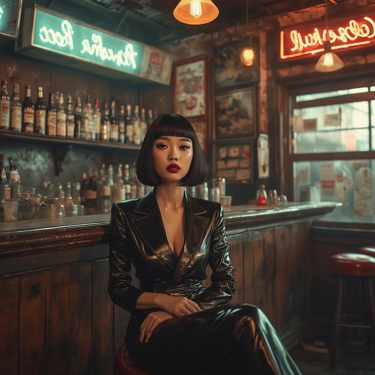 AI gerou damas asiáticas usando couro no bar